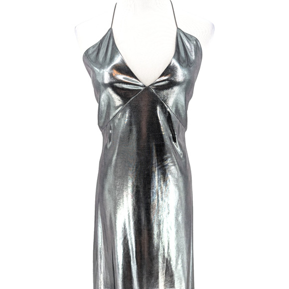 Zara Silver Liquid Metallic Maxi Slip Dress Glam Avant Garde Babydoll 90s Small - Picture 10 of 16